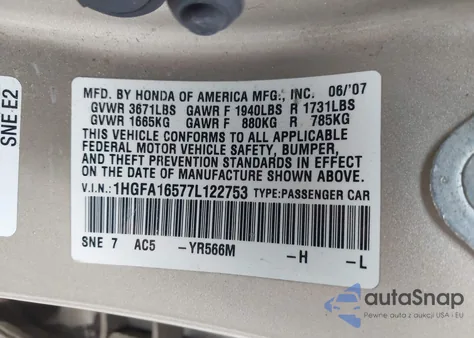 2007 Honda Civic Lx из США, поврежденный, VIN 1HGFA16577L122753